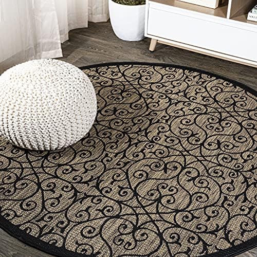 Eyely Filigree Weave Round Rug 6 Ft Black/Khaki, Indoor Outdoor Rug by eyely