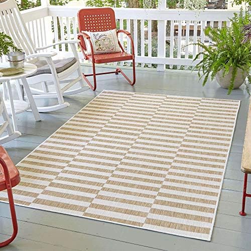 Unique Loom Outdoor Striped Collection Area Rug - Striped (5' 1" x 8' Rectangle, Taupe/Ivory) by UniqueLoom
