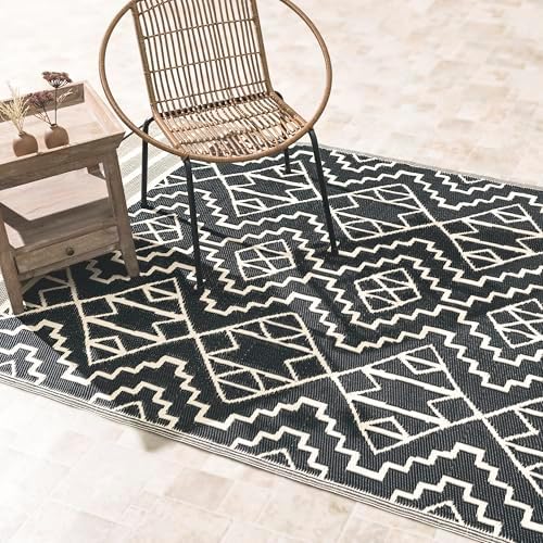 Fab Habitat Outdoor Rug - Waterproof, Fade Resistant, Crease-Free - Premium Recycled Plastic - Tribal Boho Neutral - Large Patio, Deck, Sunroom, Camping, RV - Kilimanjaro - Black - 8 x 8 ft by FabHabitat