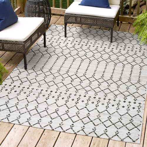 Eyely Moroccan Textured Weave Area Rug 5X8 Cream/Black, Indoor Outdoor Rug by eyely