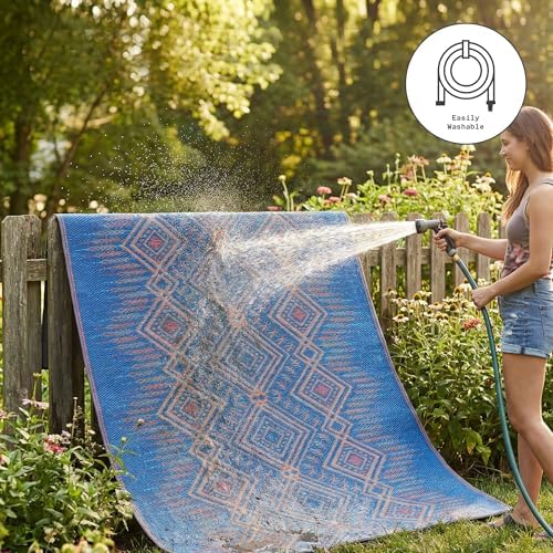 Fab Habitat Boho Southwestern Tribal Outdoor Rug - Waterproof, Crease-Free Fade Resistant, Reversible - Recycled Plastic - Patio Porch Balcony Deck Yard Garden - Jodhpur Multi Blue - 8x10 ft - Image 7