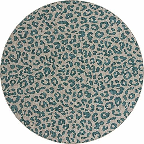 Unique Loom Outdoor Safari Collection Area Rug - Leopard (10' 8" Round, Teal/ Ivory) - Image 3