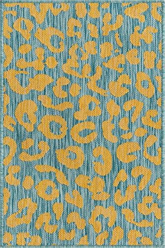 Unique Loom Outdoor Safari Collection Area Rug - Leopard (2' 2" x 3' 1" Rectangle, Blue Yellow/ Blue) - Image 3
