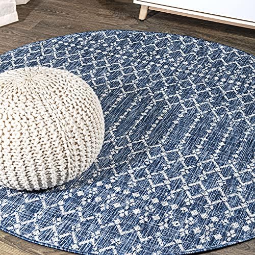 Eyely Moroccan Woven Round Rug 5 Ft Navy/Light Gray, Indoor Outdoor Rug by eyely