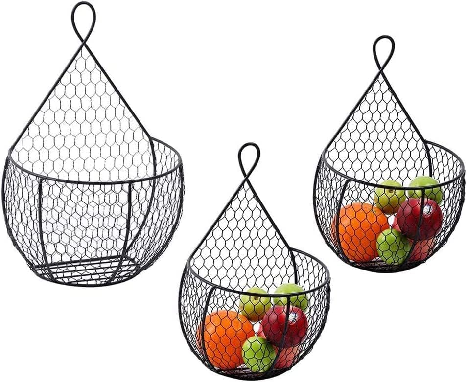 ERYTLLY Metal Fruit And Vegetable Storage Hanging Basket Wall Mounted, Hanging Basket For Kitchen Black Wire Baskets for Flowers, Fruits and Veggies - Set of 3 by ERYTLLY