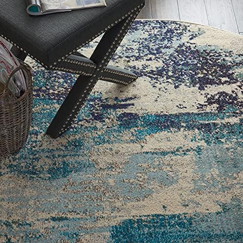 Nourison Home Celestial Ivory Teal Blue 5'3" x Round Area Rug - Easy Clean, Non Shedding, Bed Room, Living Room, Dining Room, Kitchen (5' x Round) - Image 3