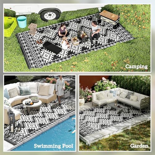 Outsunny Outdoor Rug for Patio Waterproof 9' x 18' Black & White Rhombus - Image 5