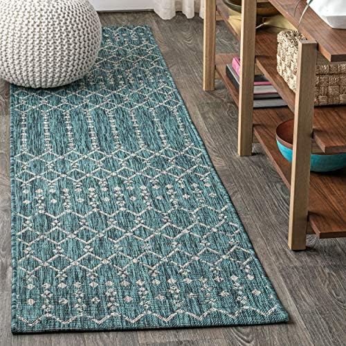 Eyely Moroccan Textured Weave Runner Rug 2X8 Teal/Gray, Indoor Outdoor Rug by eyely