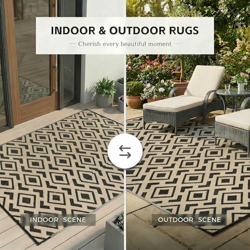 wikiwiki Outdoor Rug, 9x18ft Waterproof Reversible Mat Indoor Outdoor Rugs Carpet, Small Area Rug Plastic Straw Rug for Patio Deck Balcony Pool RV Camping Beach Picnic, Black & Beige, Rugscape Series - Image 5