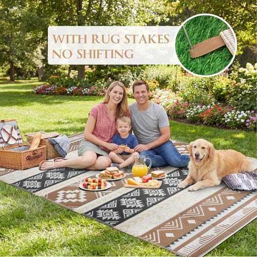 famibay Outdoor Rug Reversible Portable Plastic Straw Camping Rugs, Large Waterproof Outdoor Area Rugs for Patio, RV, Backyard, Deck, Balcony, Picnic, Beach 8x10 Brown - Image 5