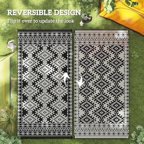 Outsunny Outdoor Rug for Patio Waterproof 9' x 18' Black & White Rhombus - Image 7