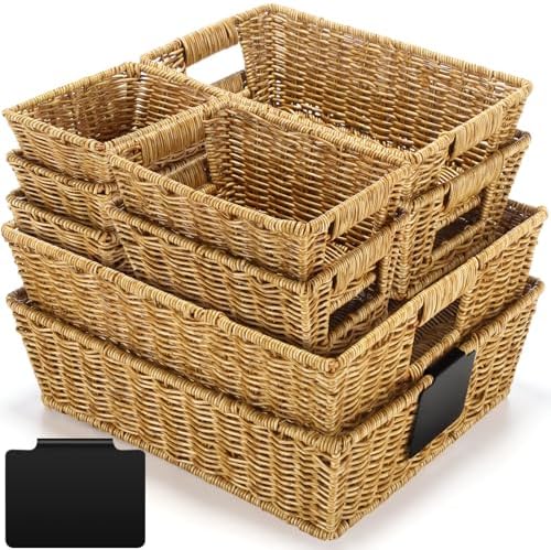 Marsui 9 Pcs Wicker Storage Baskets for Pantry Organization with Handle Labels Handwoven Multi-size Brown Small Organizer Baskets Storage Bins Container for Shelves Closet Toilet Christmas Holiday by Marsui
