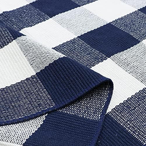MUBIN Cotton Buffalo Plaid Rug, 4' x 6' Navy Blue White Outdoor Rug Decorative Mat, Washable Large Doormat Hand-Woven Foldable Area Rug for Outdoor Patio Indoor Living Room Dining Room Kitchen - Image 7