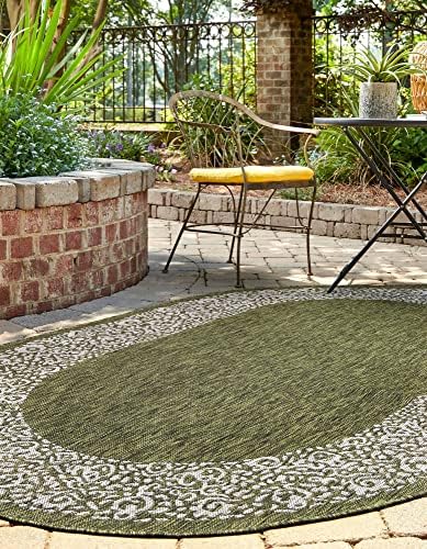 Unique Loom Outdoor Border Collection Area Rug - Floral Border (3' 3" x 5' 3" Oval, Green/ Ivory) - Image 3