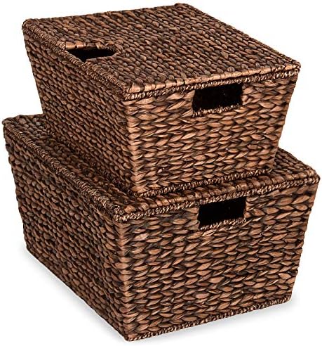 Best Choice Products Set of 2 X-Large & Medium Woven Storage Baskets W/Lids, Hyacinth Nesting Bins, Handwoven Organizer Baskets W/Handles for Bedroom, Living Room, Laundry Room, Or Office - Brown by BestChoiceProducts