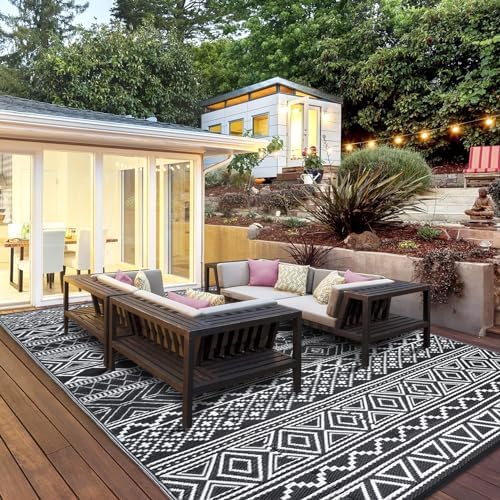 GAOMON Reversible Outdoor Rug 9'x18' Waterproof Plastic Straw Rug, Patio Rug, Large Modern Area Rug Carpet, Indoor Outdoor Rugs for Camping, Porch, Deck, Balcony, Backyard, Black/White(Bohemia) - Image 6
