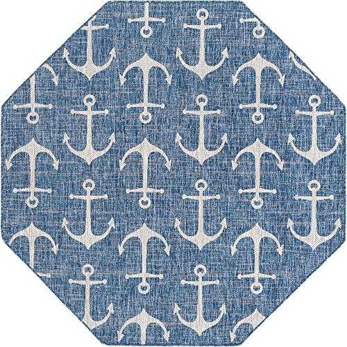 Unique Loom Outdoor Coastal Collection Area Rug - Ahoy (7' 10" Octagon, Blue/ Ivory) - Image 3