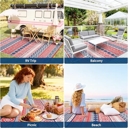 Outdoor Rug 9x12 Reversible Patio Rug Boho Outdoor Plastic Straw Rugs Bohemian Waterproof Outside Carpet for Deck RV Camping Rugs for Patio Backyard Picnic Porch Beach Balcony, Red Navy - Image 7
