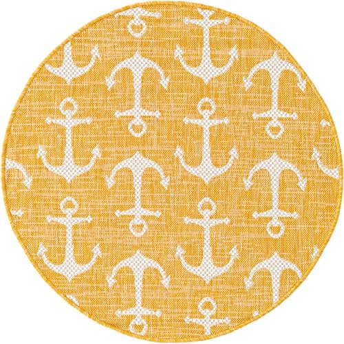 Unique Loom Outdoor Coastal Collection Area Rug - Ahoy (3' 3" Round, Yellow) - Image 2