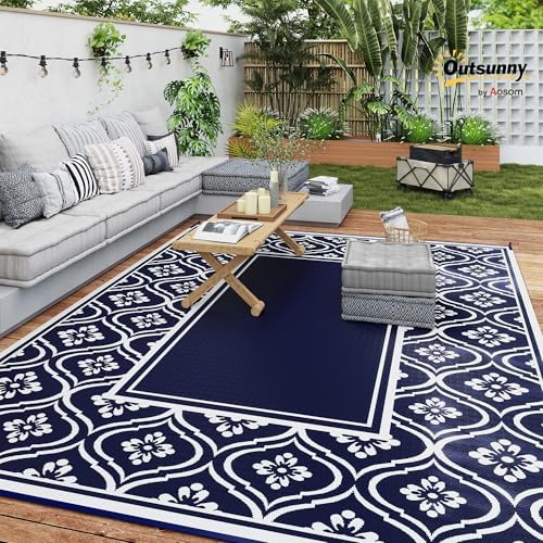 Outsunny Outdoor Rug for Patio Waterproof 9' x 12' Blue & White Gourd - Image 3