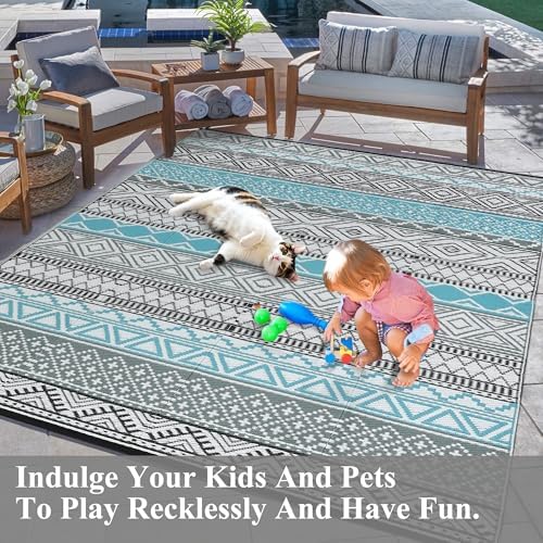 Outdoor Plastic Straw Rug 9x18 Large Floor Mat Boho Waterproof Rug for Patio Reversible Rug for Outdoors RV Beach Patio Camping Backyard Deck Picnic Camping Outside Grey Teal - Image 4