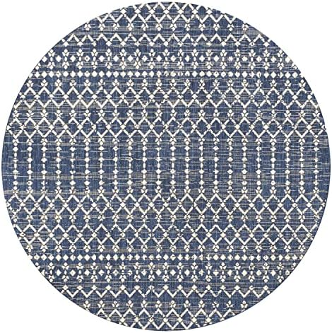 Eyely Moroccan Textured Weave Round Rug 6 Ft Navy/Beige, Indoor Outdoor Rug - Image 3