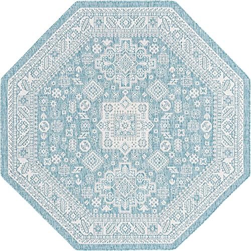 Rugs.com Outdoor Aztec Collection Rug – 8 Ft Octagon Aqua Flatweave Rug Perfect for Living Rooms, Kitchens, Entryways - Image 3
