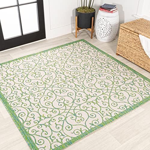 Eyely Filigree Weave Square Rug 5X5 Cream/Green, Indoor Outdoor Rug by eyely