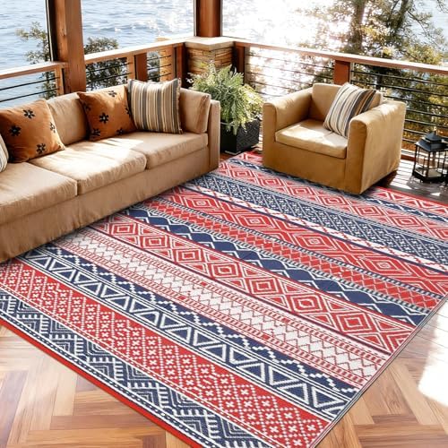 GlowSol Waterproof Outdoor Rug 10x14 Reversible Plastic Straw Patio Camping Rug with Carry Bag, Boho Large Outdoor RV Mat Rugs for Deck,Camper,Porch,Balcony,Backyard,Picnic,Beach,Red/Navy Blue by GLOWSOL