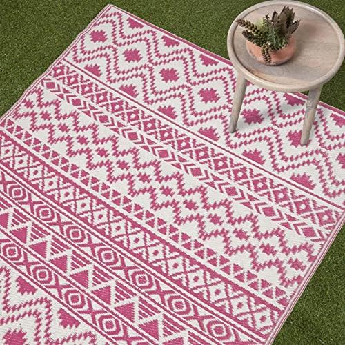 HOMESCAPES Luxury Large Outdoor Rugs for Garden Patio Waterproof 100% Recycled Plastic Mat Carpet 120 x 180cm Reversible White & Pink Geometric Rug “Tia”, Indoor/Outside & Portable, Seamless - Image 2