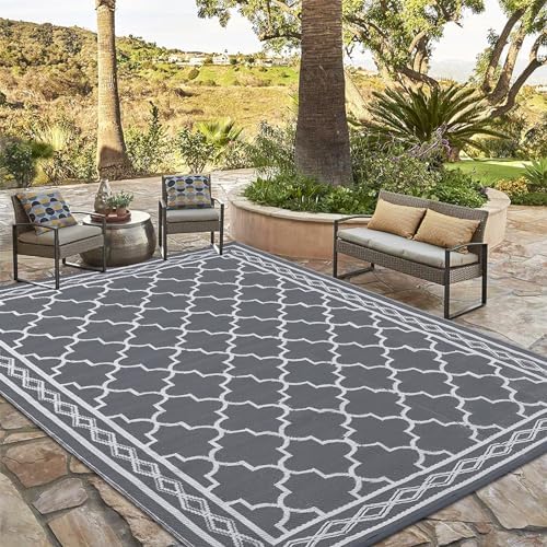 GAOMON Outdoor Plastic Straw Rug, 10'x20' Reversible Sage Green Patio Mat, Flower Modern Design for RV, Backyard, Deck, Camping, Picnic, Grey/White(Geometric) - Image 3