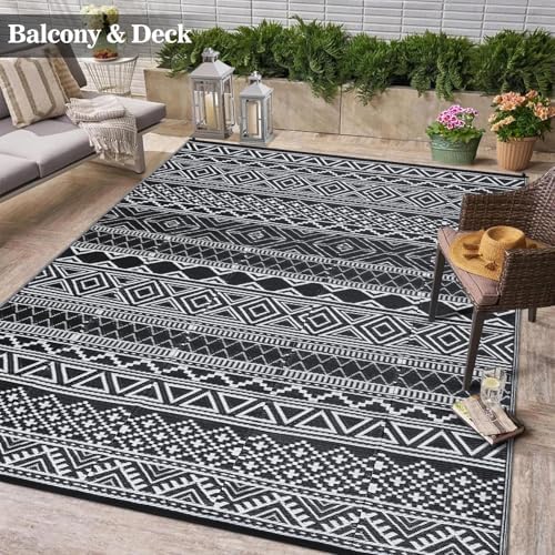 GlowSol Outdoor Rug 9x12 for Patio,Waterproof Outdoor Plastic Straw Rugs with Carry Bag,Reversible Camping Carpet RV Mat Outside for Patio, Camp, Picnic, Balcony, Deck, Backyard, Black & White - Image 7