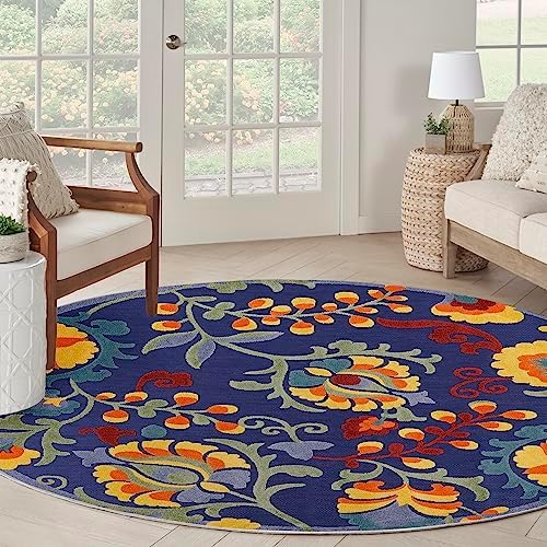Nourison Home Aloha Navy Multicolor 5'3" x Round Area Rug - Easy Clean, Non Shedding, Bed Room, Living Room, Dining Room, Kitchen (5' x Round) by NourisonHome
