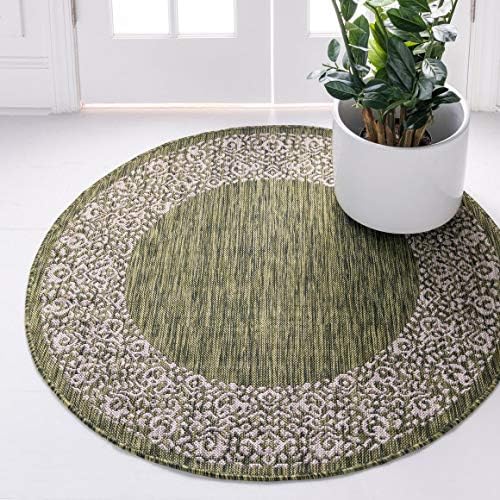 Unique Loom Outdoor Border Collection Area Rug - Floral Border (4' 1" Round, Green/ Ivory) by UniqueLoom