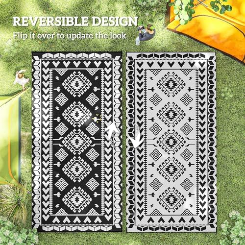 Outsunny Outdoor Rug for Patio Waterproof 9' x 18' Black & White Rhombus - Image 7