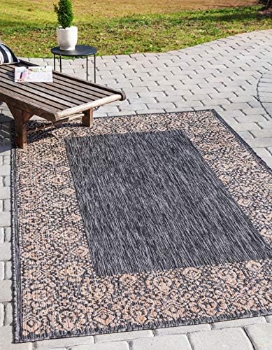 Unique Loom Outdoor Border Collection Area Rug - Floral Border (9' x 12' 2" Rectangle Charcoal Gray/Beige) by UniqueLoom