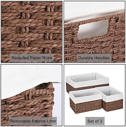 Vagusicc Wicker Basket, Set of 3 Hand-woven Storage Baskets for Organizing, Decorative Rectangle Wicker Storage Basket Bins with Handles, Small Toilet Paper Storage Baskets for Shelves & Decor, Brown - Image 2