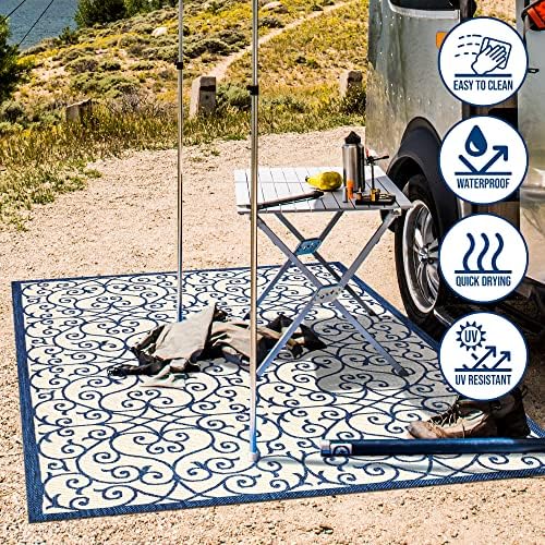 Eyely Filigree Textured Weave Area Rug 8X10 Navy/Beige, Indoor Outdoor Rug - Image 5