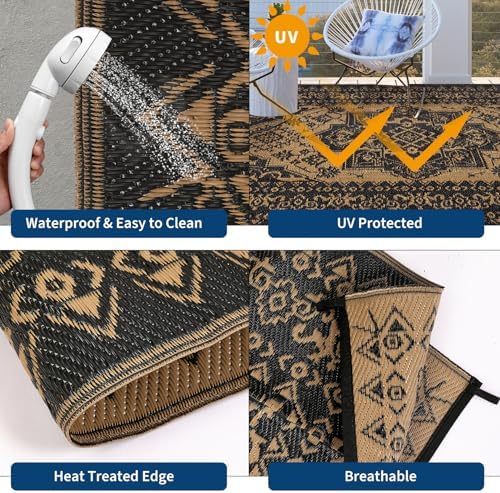 Boho 8x10 Plastic Straw Rug Reversible Mat Outdoor Medallion Area Rug Waterproof Patio Rugs Outdoor Camping Rugs for RV Porch Deck Camper Balcony Backyard Easy Clean Picnic Mat, Black Brown - Image 3