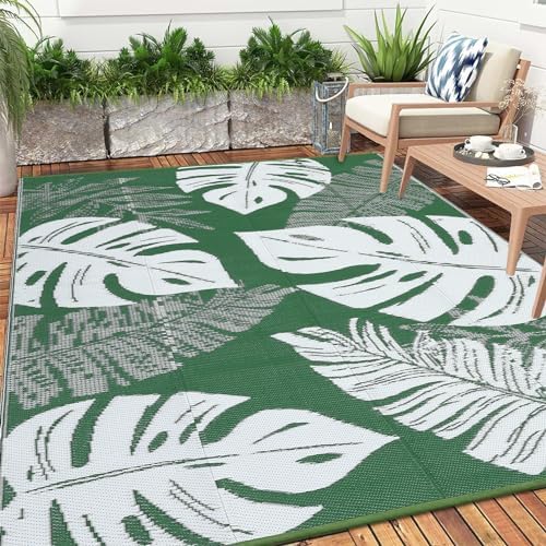 Waterproof 9x18 Outdoor Rug for Patio Reversible Plastic Straw Rug Floral Camping Carpet with Carry Bag, Stain & UV Resistant Portable RV Carpet for Camper Deck Balcony Porch Beach Picnic,Green - Image 2