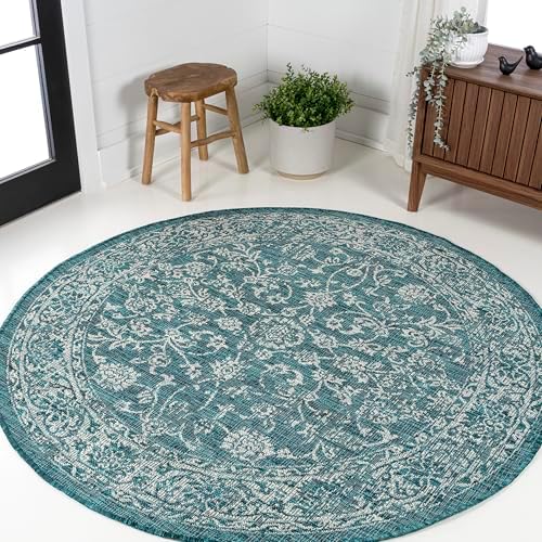 JONATHAN Y Weave Floral Indoor Outdoor Round Area Rug 8 Ft Teal/Gray, Tela Bohemian Textured for Backyard, Patio, Porch, Easy-Cleaning, High Traffic, Pet-Friendly, Non-Shedding (SMB100C-8R) - Image 3
