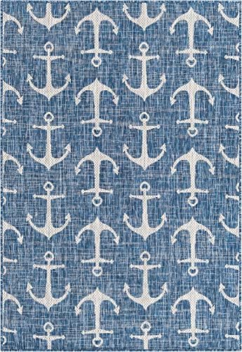 Unique Loom Outdoor Coastal Collection Area Rug - Ahoy (4' 1" x 6' 1" Rectangle, Blue/ Ivory) - Image 3