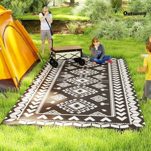 Outsunny Outdoor Rug for Patio Waterproof 9' x 18' Black & White Rhombus - Image 3