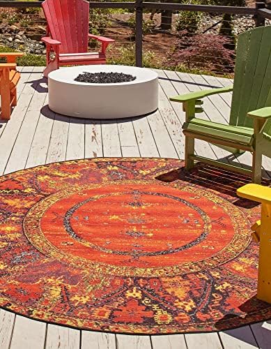 Unique Loom Outdoor Tribal Collection Area Rug - Quepos (7' 1" Round Multi/Black) - Image 4