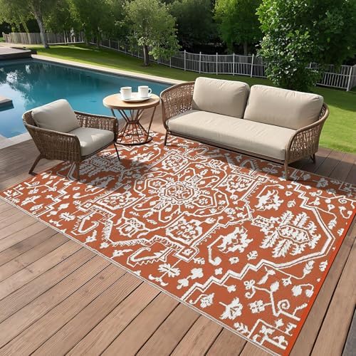 Outdoor Rugs 9x12 for Patios Boho Large Outdoor Rug Plastic Carpet RV Mat Carpet for Patio, Outside Entry, Backyard, Deck, Bench, Picnic, Camper，Orange - Image 3