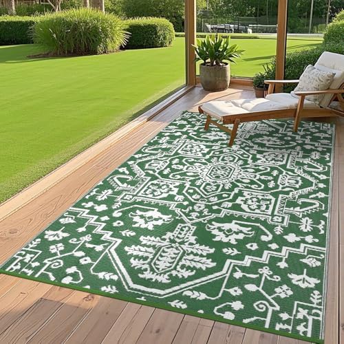 GAOMON 9x12 Waterproof Outdoor Large Rug Reversible Plastic Straw Rug for Patio Camping Indoor Outdoor RV Carpet Mat Stain Outside Large Carpet for Deck Camper Balcony Open-Air, Green White - Image 2