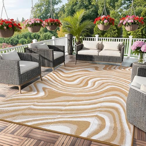 10x20 Large Outdoor Patio Rug Modern Abstarct Plastic Straw Outdoor Rugs Waterproof Foldable UV Resistant Camping Reversible Mats for Deck, Camper, Balcony, Beach, Rv，Brown/Coffee/White by Unknown