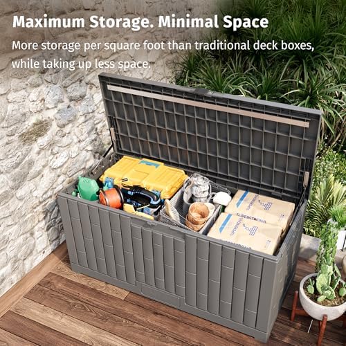 EAST OAK 120 Gallon Outdoor Storage Box | Large Resin Deck Box with Reinforced Stainless Steel Support | Waterproof & UV-Resistant Patio Storage Box for Cushions, Garden Tools & Accessories, Grey - Image 2