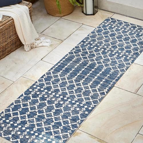 Eyely Moroccan Textured Weave Runner Rug 2X8 Navy/Beige, Indoor Outdoor Rug - Image 4