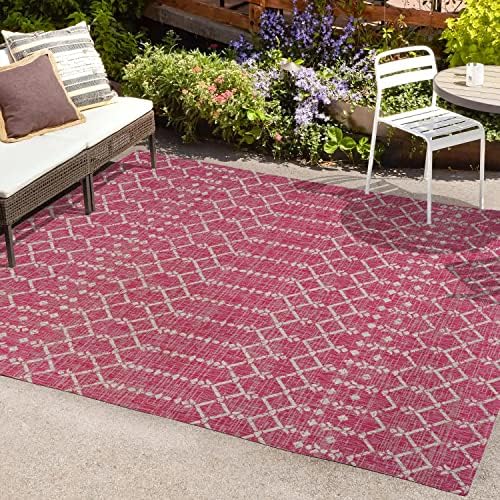 Eyely Moroccan Woven Area Rug 5X8 Fuchsia/Light Gray, Indoor Outdoor Rug by eyely
